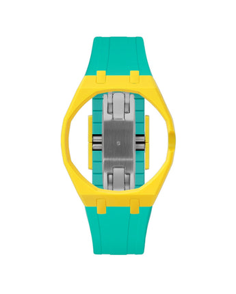 Yellow case, 3 o'clock, Turquoise strap