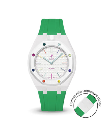 Swatch x AP Royal Pop — White case, Dark Green strap — Delugs
