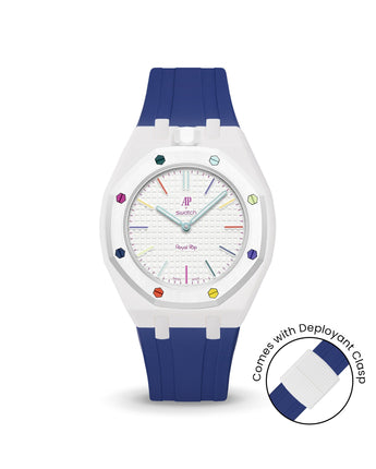 Swatch x AP Royal Pop — White case, Indigo Blue strap — Delugs