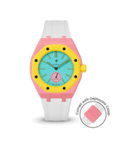 Swatch x AP Royal Pop — Bubblegum Pink case, White strap — Delugs