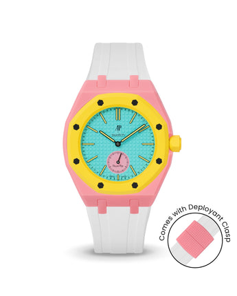 Swatch x AP Royal Pop — Bubblegum Pink case, White strap — Delugs