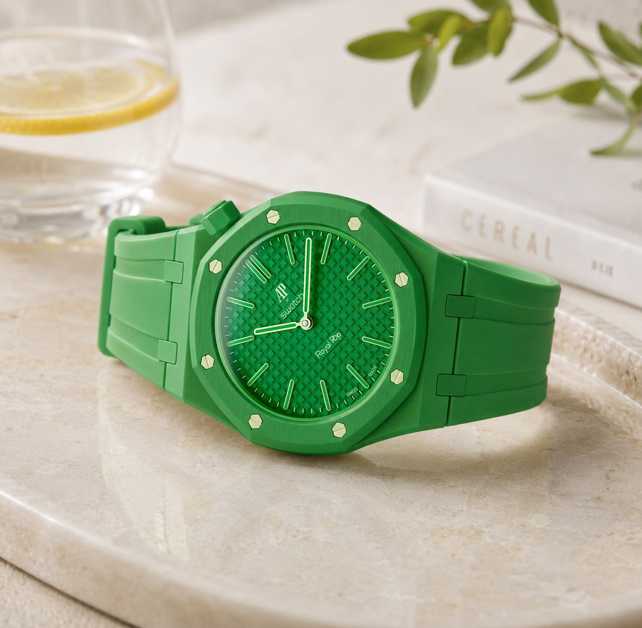 Case-Strap for the Swatch x AP Royal Pop Green Eight — Lépine case-strap by Delugs — wristshot mockup